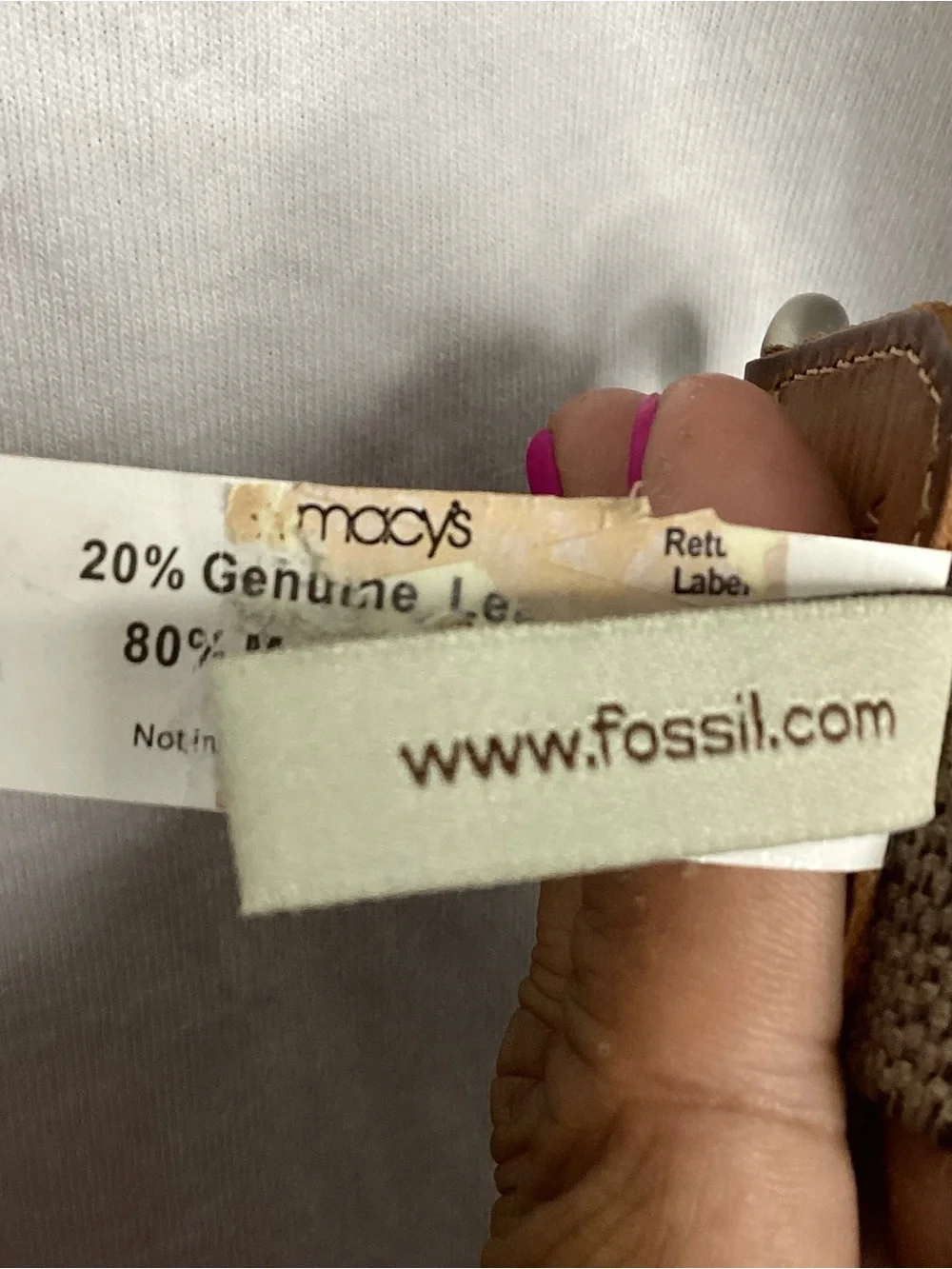 Fossil Brown Leather-Trim Canvas Belt with Sculpted Silver Hook L-XXL